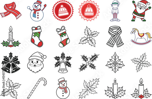 A collection of festive Christmas icons with diverse elements conveys the holiday spirit clearly