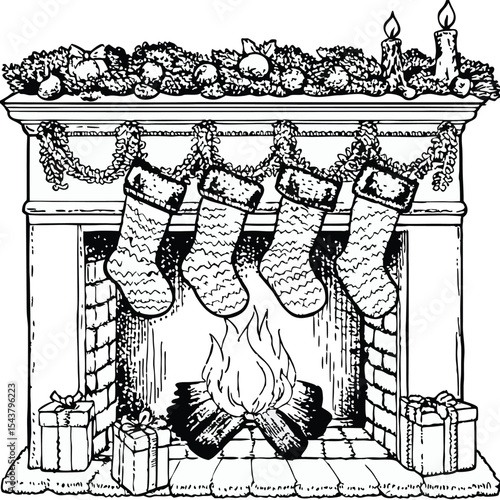 A charming black and white illustration of a fireplace decorated for Christmas.