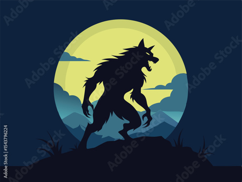 A dramatic silhouette of a werewolf stands on a rocky hilltop under a bright yellow full moon.