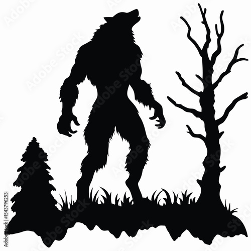 A powerful silhouette of a werewolf stands amidst a forest, featuring a towering figure, a small pine tree, and a bare tree.
