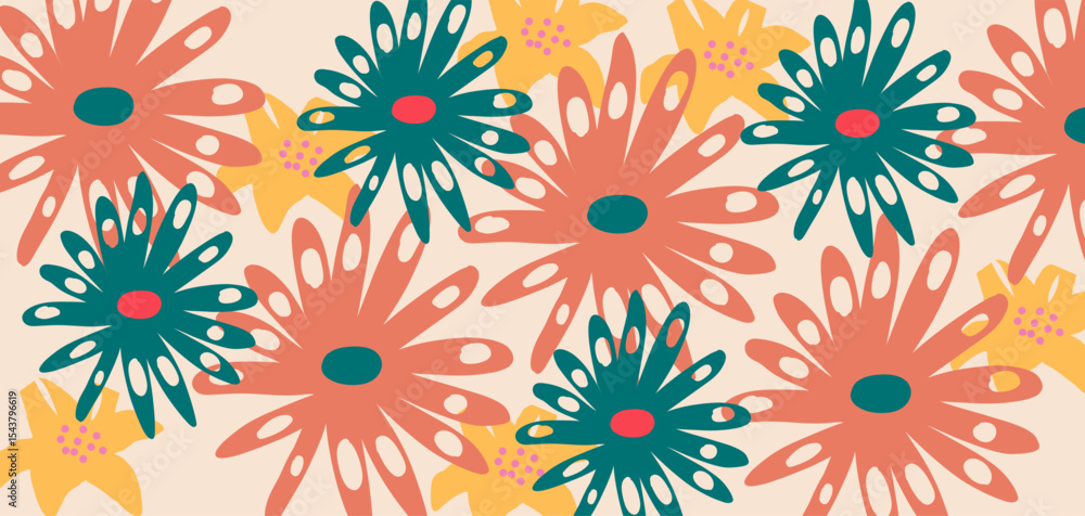 Naklejka premium Hand drawn flowers, seamless patterns with floral for fabric, textiles, clothing, wrapping paper, cover, banner, interior decor, abstract backgrounds