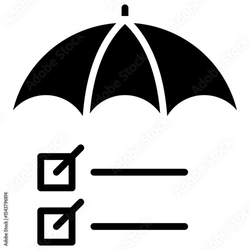 Checklist Safety - Glyph Black Fill Silhouette Icon - Umbrella above a checklist, representing verified protection measures