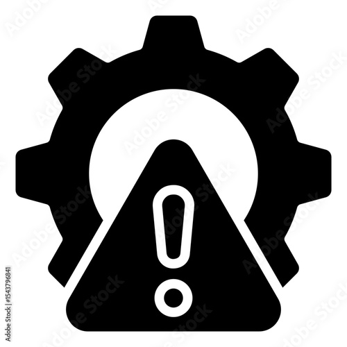 Configuration Risks - Glyph Black Fill Silhouette Icon - Gear with an alert mark, signifying configuration risks or protection issues