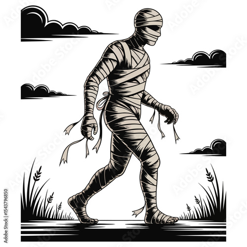 A wrapped mummy walking with stiff arms and hanging bandages in silhouette vector art