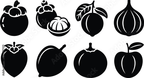 A set of eight different fruits depicted as black silhouettes on white background