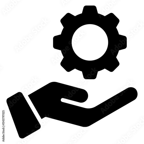Technical Support - Glyph Black Fill Silhouette Icon - open hand holding a gear, representing technical support, system service, or process management assistance