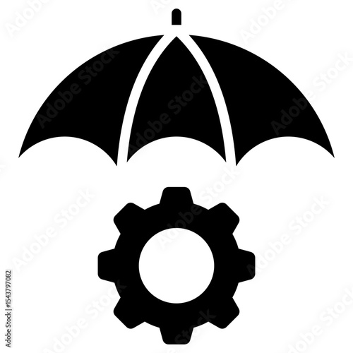 Umbrella Shield - Glyph Black Fill Silhouette Icon - Umbrella covering a gear, symbolizing operational protection and reliability