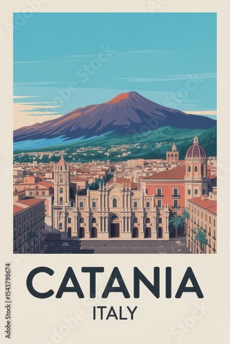 Catania Italy Retro Poster with Mount Etna and Historic Architecture