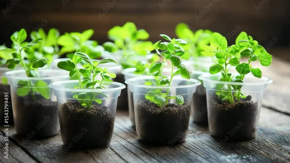 Group of newly planted plants in plastic containers on rustic table. Sustainable home gardening concept Group of newly planted plants in plastic containers on rustic table. Sustainable home gardening concept