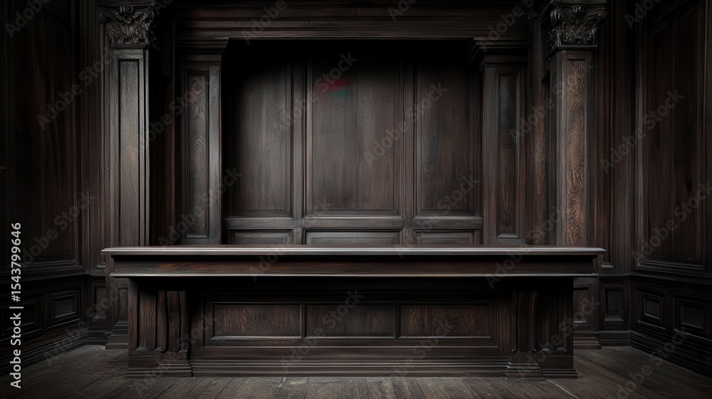 Dark wooden paneled room with a countertop. Dark wooden paneled room with a countertop.