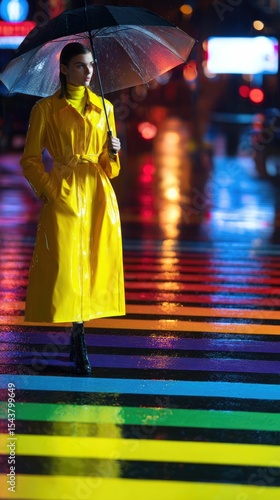 Woman in Yellow Raincoat Night City Colorful Reflections Umbrella