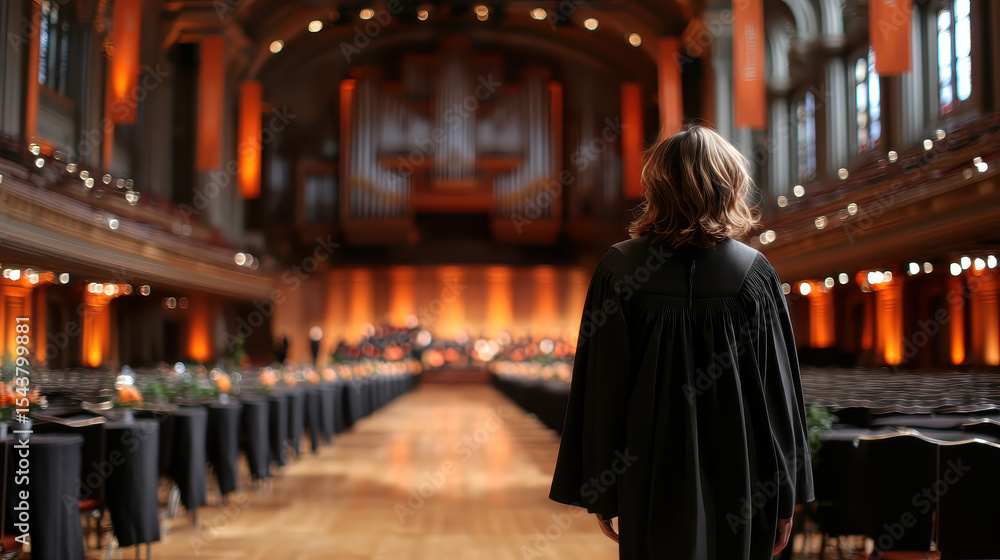 Student Walking Down Aisle at Ceremony from Rear Angle in Elegant Hall with Warm Lighting and Decorations Student Walking Down Aisle at Ceremony from Rear Angle in Elegant Hall with Warm Lighting and Decorations