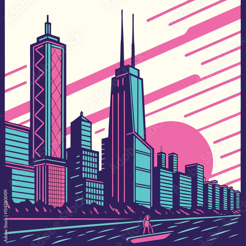 Retro cityscape with skyscrapers and a person on a boat in a vibrant pink and blue color scheme design