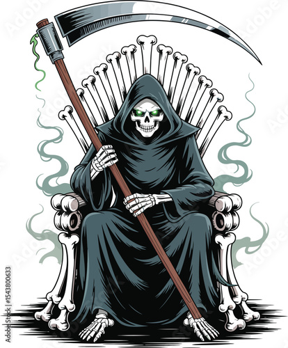 The grim reaper sitting on a bone throne with glowing eyes on white background