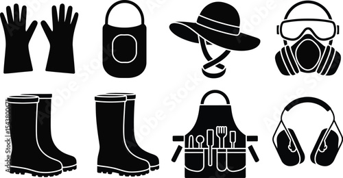 Illustration of protective workwear and gardening equipment in black and white