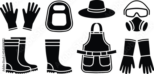 A collection of protective gear including gloves boots and a respirator mask