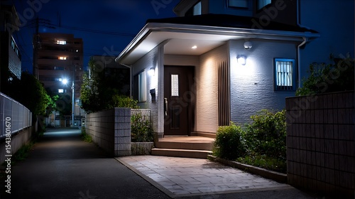 夜の静けさに包まれた住宅街の玄関灯