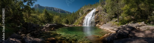 Stunning 360 degree hdr panorama of a waterfall in nature landscape