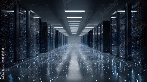 Modern cloud data center with illuminated servers and fiber optics, concept art