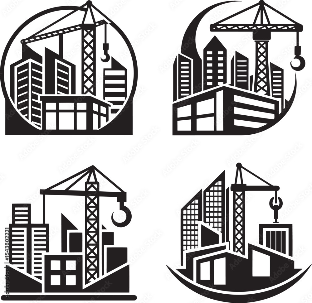 Fototapeta premium Urban Construction Site with Skyscraper and Crane Vector Illustration