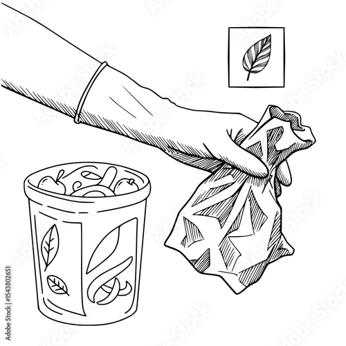 Hand wearing glove holding crumpled garbage bag near trash can  