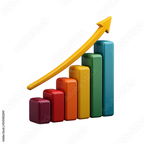 3d colorful bar graph with upward arrow isolated on transparent background
