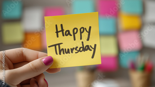 Hand Holding Yellow Sticky Note with Happy Thursday Message in Office with Colorful Post-it Notes