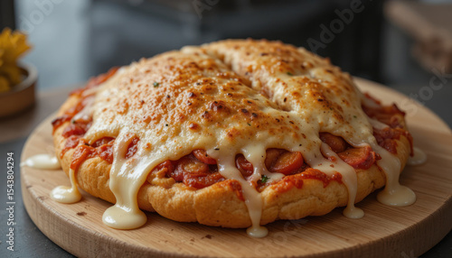 Wallpaper Mural Close-up of a delicious, cheesy pizza with oozing melted cheese on a wooden board. Torontodigital.ca