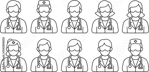 Line art illustration of ten healthcare workers wearing masks and stethoscopes