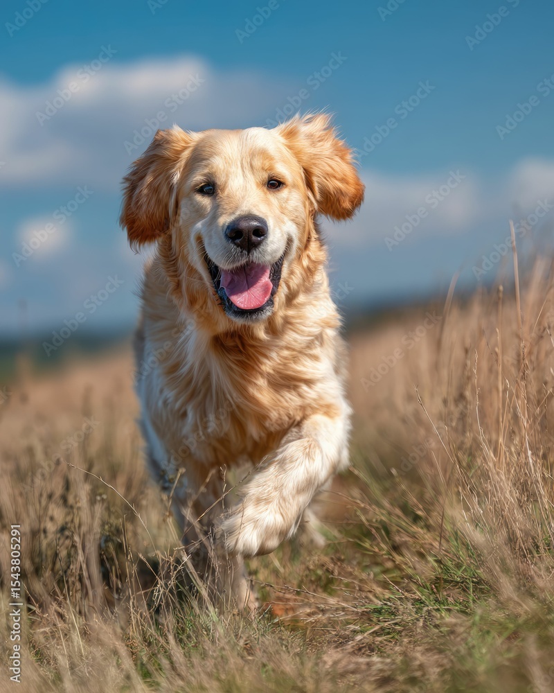 Obraz premium Golden Retriever Running in Field A Joyful Canine Portrait