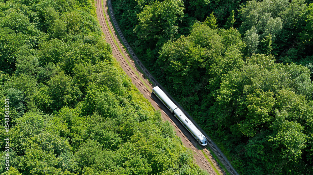 Fototapeta premium Train travels along winding track through lush green forest, showcasing beauty of nature and transportation