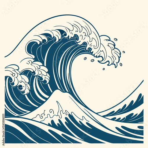 Illustration of a large ocean wave with foam cresting and smaller waves in the foreground artwork