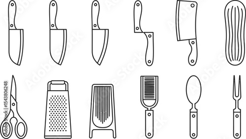Outline illustration of various kitchen utensils including knives and graters