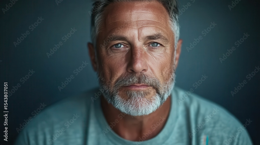 Obraz premium This image captures a confident mature man with a distinguished gray beard and intense gaze, showcasing his charisma and life experience, against a muted backdrop.