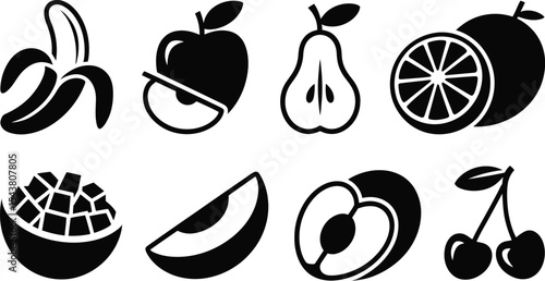 A collection of black and white fruit icons including banana and cherries