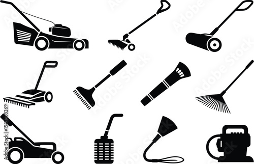 Illustration of various lawn and garden tools in black silhouette style