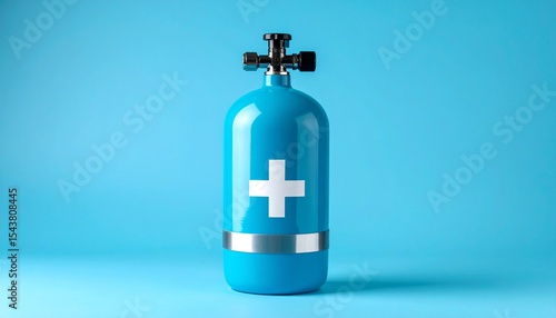 Close-up photo of an blue oxygen cylinder with a white cross logo 