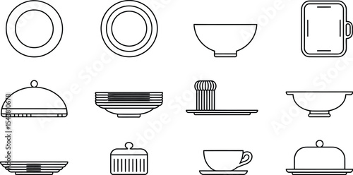 A collection of outlined kitchenware including plates bowls and serving dishes