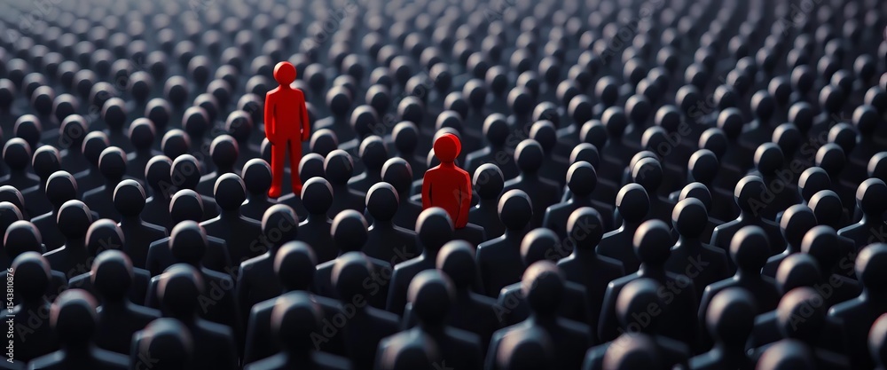 Obraz premium A lone red figure stands out amongst a crowd of black figures, signifying leadership and distinction, individuality, management