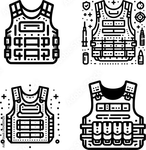 set of minimalist outline bulletproof vest icon in black and white, symbol of war protection and defense.
