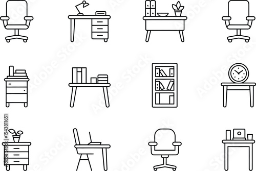 A collection of office furniture icons featuring desks chairs and bookshelves