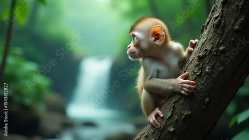 Baby Monkey Playing Near Waterfall