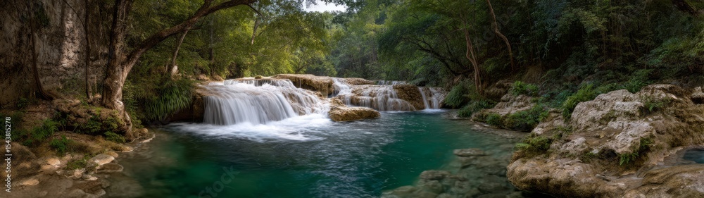 Cascading waterfalls panoramic 360 degree hdr landscape nature serenity Cascading waterfalls panoramic 360 degree hdr landscape nature serenity