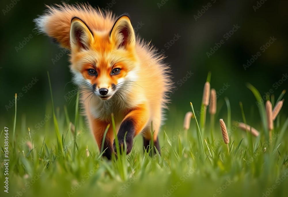 Obraz premium A fluffy red fox kit bounds playfully through tall grass, tail held high, agile, cute fox