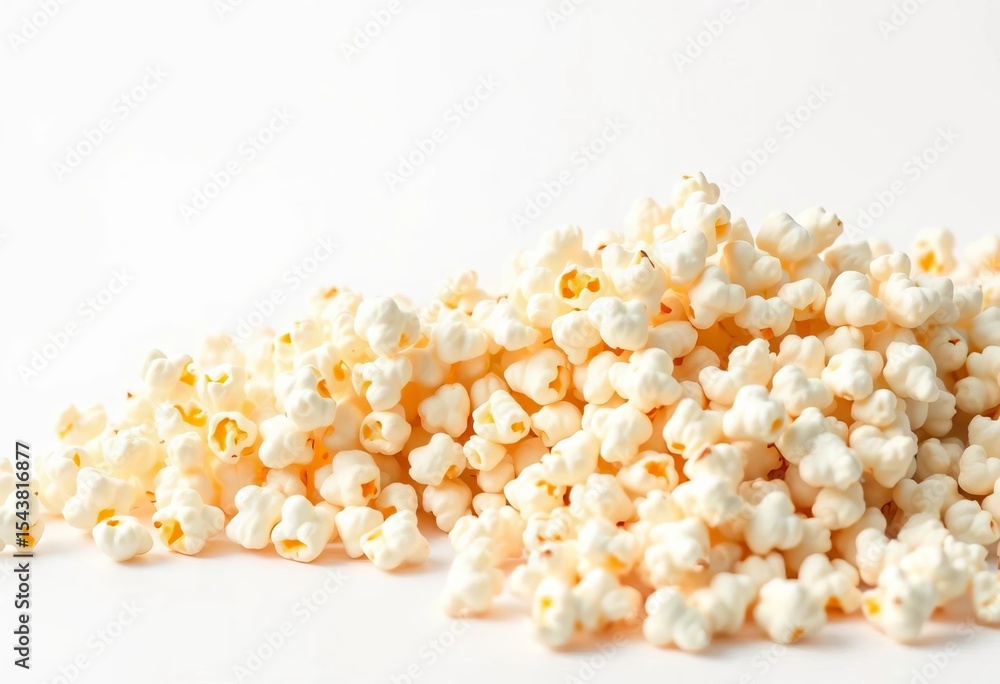 A cascading stream of fluffy popcorn against a pure white backdrop, food, salty A cascading stream of fluffy popcorn against a pure white backdrop, food, salty