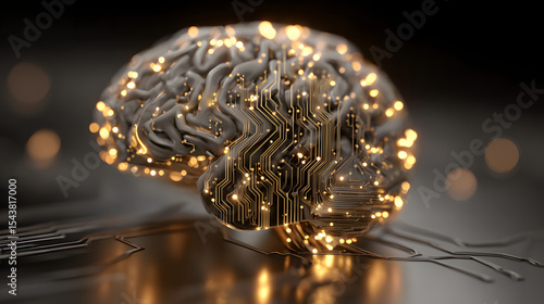 AI brain made of glowing circuits, realistic photograph style, shallow depth of field