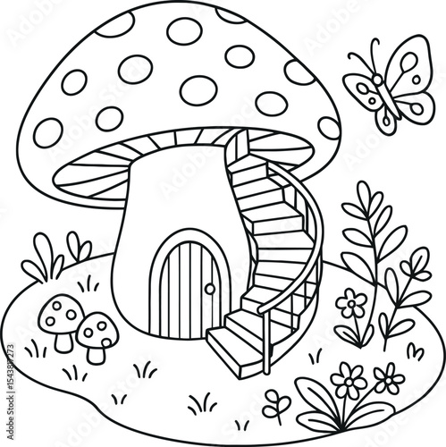 Cute mushroom house coloring page with butterfly