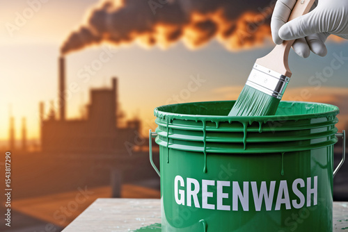 Greenwahsing concpet. Gloved hand stirs greenwash paint in front of smoking factory background