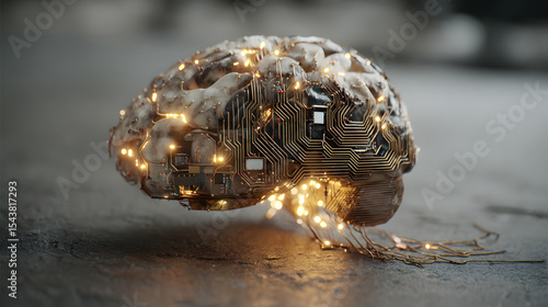 AI brain made of glowing circuits, realistic photograph style, shallow depth of field