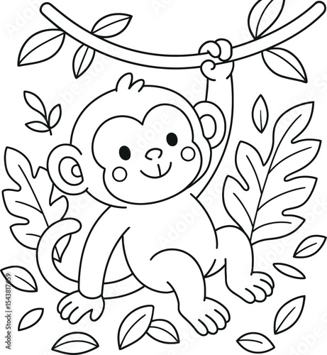 Canvas Print Cute monkey hanging on branch coloring page